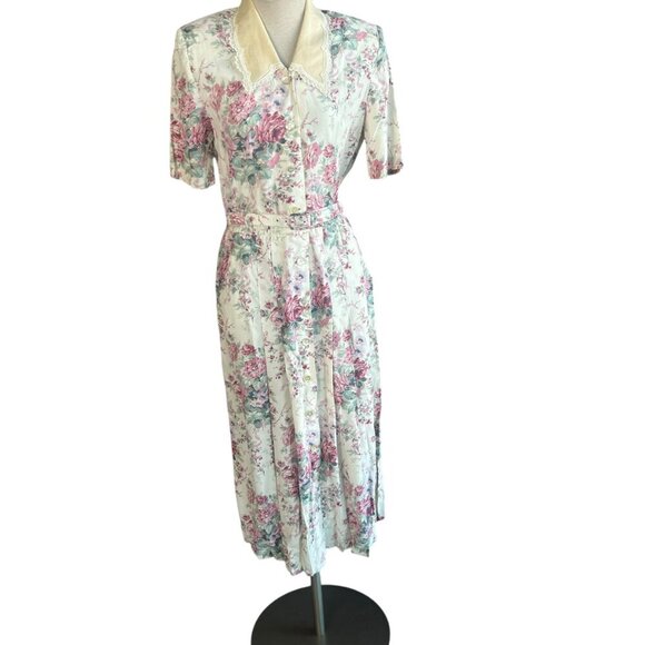 Karin Stevens Vintage 80s Rose Cottage Floral Lace Collar Shirtwaist Dress - Picture 13 of 16